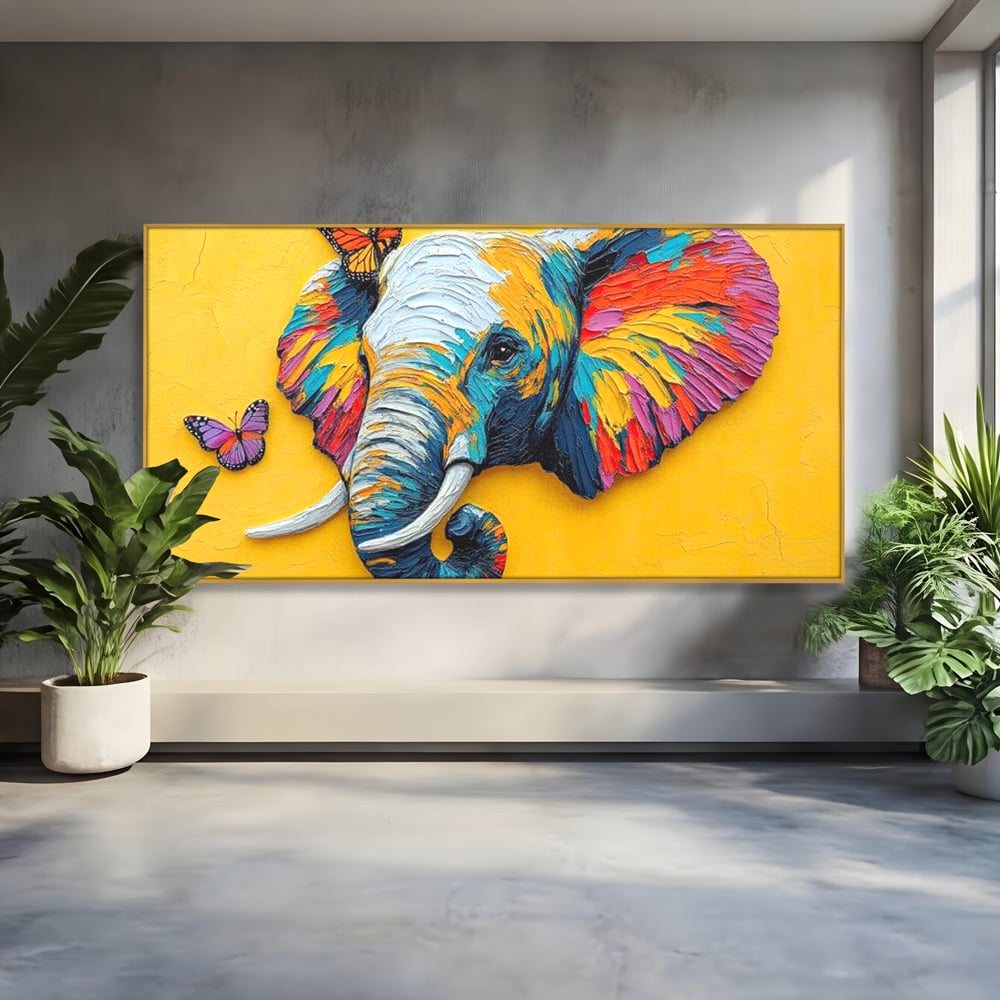 Tablou canvas cu tablou canvas cu elefant colorat si fluturi, in rama de aluminiu auriu
